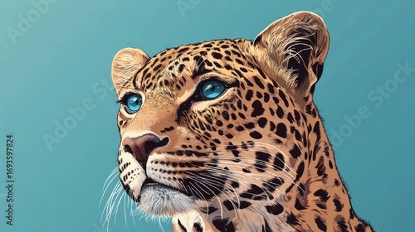 Fototapeta Close-up portrait of a leopard with striking blue eyes, against a teal background.
