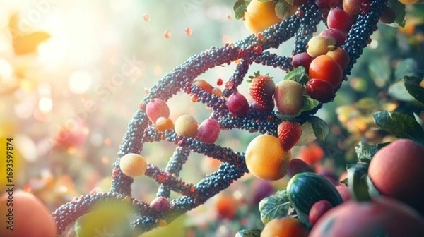 Fototapeta DNA helix formed by colorful fruits and berries, representing genetic modification or healthy eating.