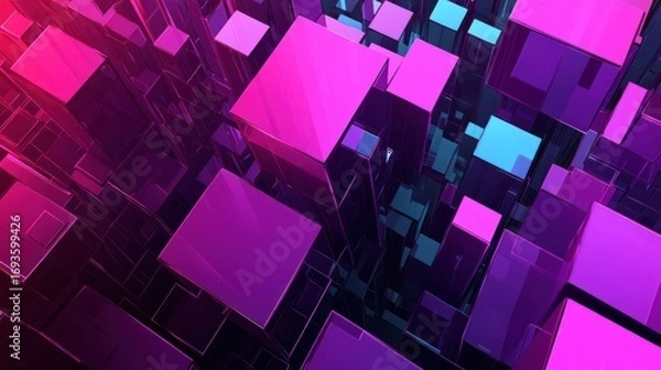 Fototapeta Abstract 3D rendering of colorful, glowing cubes forming a complex, futuristic cityscape.
