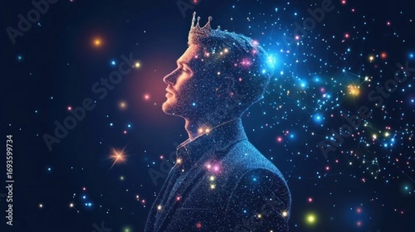 Fototapeta A regal man, crowned, dissolves into starlight, symbolizing ambition, leadership, and success.
