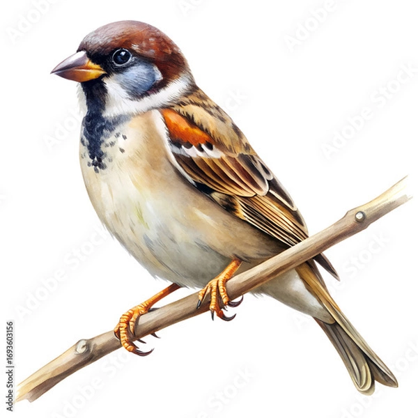 Fototapeta Watercolor Sparrow Perched on Twig on White Background