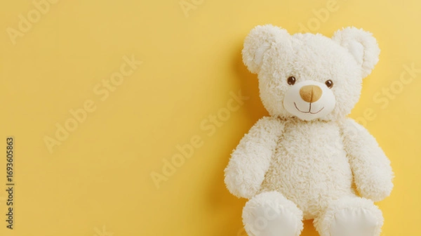 Fototapeta White teddy bear on a yellow background with copy space. Banner background illustration for Children's Day.