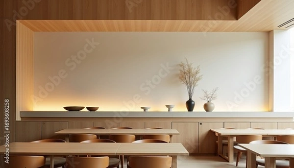 Fototapeta Minimalist Japanese Bar Serene Interior Design with Clean Lines and Natural Wood Elements