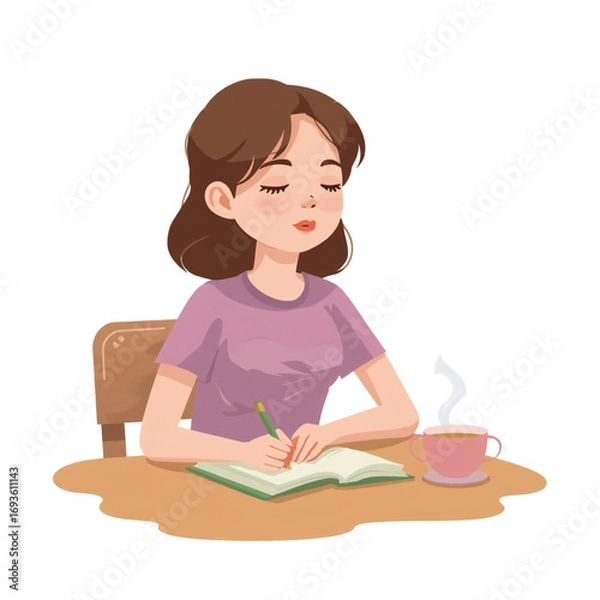 Obraz Teen Journaling with Tea – Mindfulness Character Vector