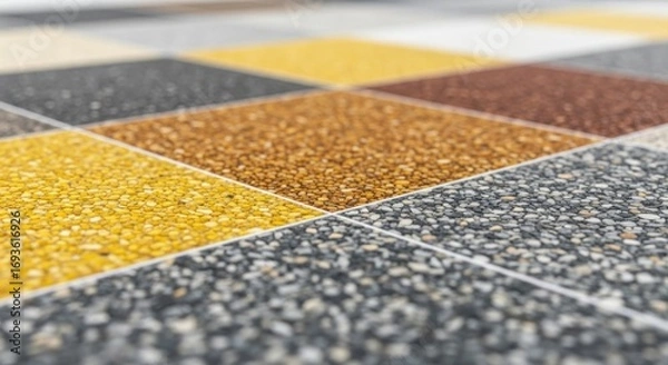 Fototapeta Close-up view of colorful resin bound gravel samples, showcasing diverse textures and hues.