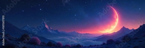 Fototapeta Ethereal glow of a crescent moon illuminating a celestial landscape, stars twinkling in the dark expanse of space  Perfect for fantasy, sci-fi, or mystical themes ,  cosmic dust,  mystical,  silver