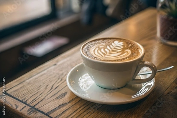 Fototapeta Latte Art - A Cappuccino's Delightful Design on Rustic Wood