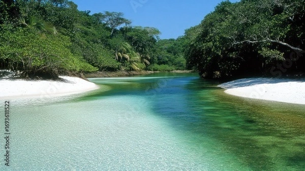 Fototapeta Idyllic tropical river flowing serenely into the ocean, lined with white sandy beaches and lush