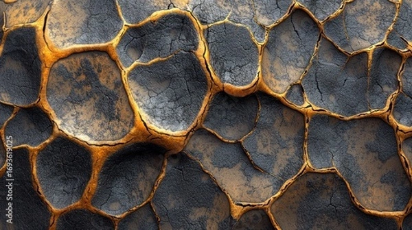 Fototapeta Abstract textural composition showcasing cracked rock formations with luminous borders