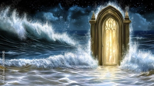 Fototapeta Surreal seascape with an illuminated doorway emerging from tumultuous ocean waves creating a