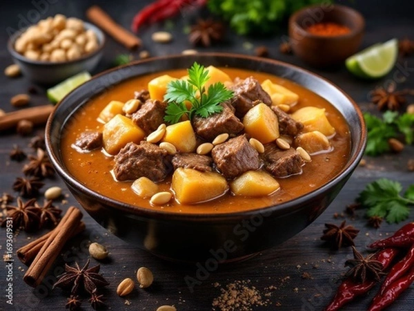 Obraz Traditional beef massaman curry served on a black plate with spices and beautifully decorated.