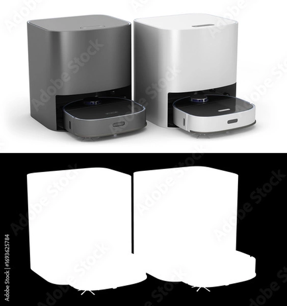 Fototapeta Modern Robotic Vacuum Cleaner 3D Render in Black and White Variants on white with alpha