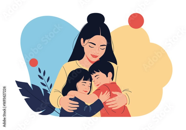 Fototapeta Loving mother embracing her two children with warmth and affection in a colorful abstract art background celebrating family bonds