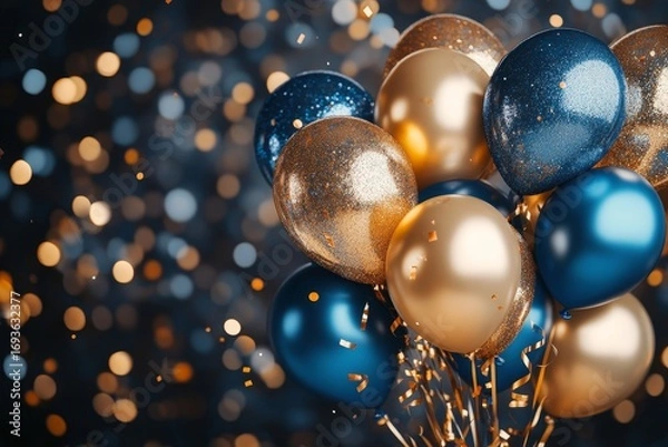 Fototapeta Holiday background with golden and blue metallic balloons, confetti and ribbons. Festive card for birthday party, anniversary, new year, christmas or other events, Generative AI