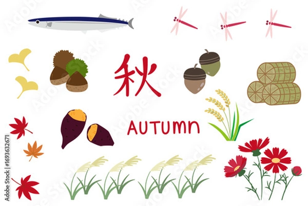 Obraz シンプル可愛い秋のイラスト素材セット