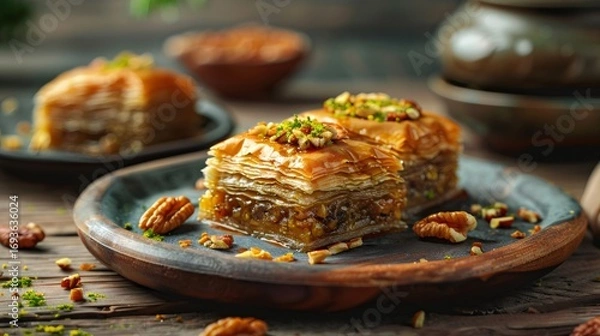 Fototapeta Delicious baklava with pistachios and walnuts resting on rustic wooden table