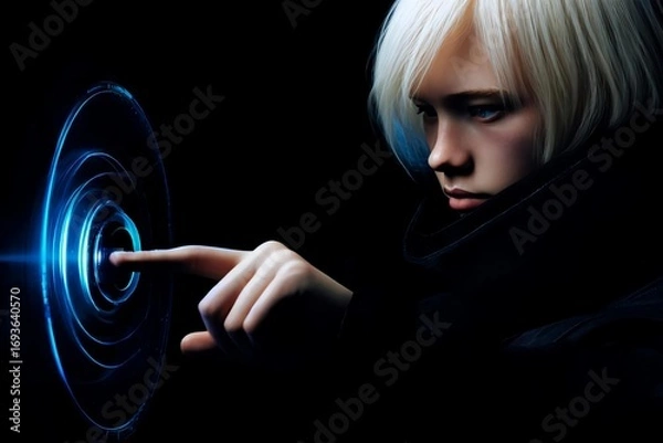 Fototapeta Futuristic Portrait of a Person Touching a Holographic Interface