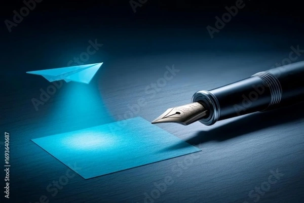 Fototapeta Futuristic Writing Tools with Holographic Paper Plane and Pen