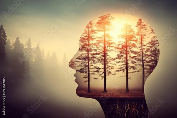 Fototapeta Surreal Silhouette of Human Profile Merging with Nature and Trees -  Double Exposure