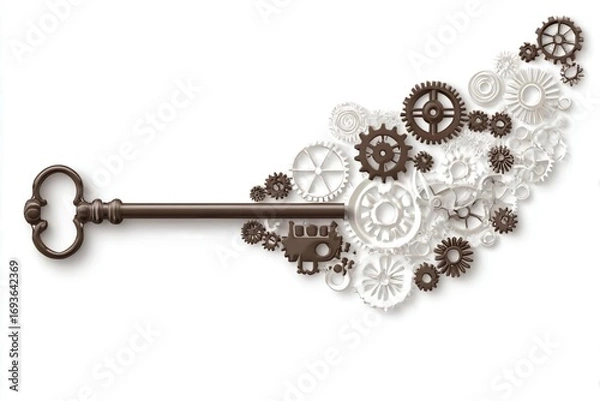 Fototapeta Vintage Key with White Gears and Cogs on Creative Background