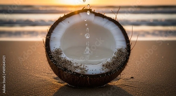 Fototapeta A refreshing water drop splashing into a half coconut on a golden sandy beach at sunset, with gentle waves in the background, evoking a cool and tropical mood.