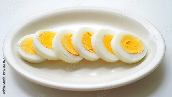 Fototapeta Perfectly Sliced Hard-Boiled Eggs on a White Plate