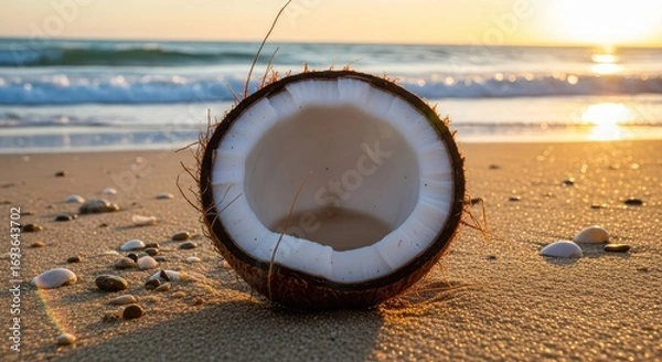 Fototapeta Half of a fresh coconut resting on a sandy beach during a beautiful sunset, with soft ocean waves and scattered seashells in the background, creating a serene tropical scene.