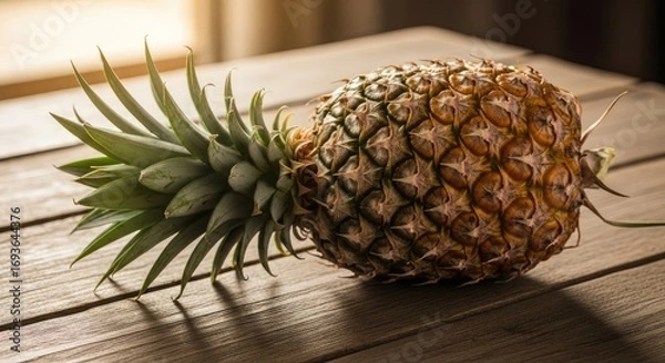 Fototapeta A whole, ripe pineapple lying on a weathered wooden table, bathed in warm, golden sunlight from a nearby window, creating a cozy and natural mood.