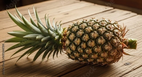 Fototapeta Fresh whole pineapple resting horizontally on a rustic wooden table, with warm natural light creating a pleasant atmosphere.