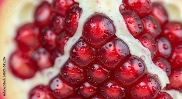 Fototapeta Extreme close-up macro shot of vibrant red pomegranate seeds, glistening with moisture, showcasing the fruit's juicy and healthy texture.