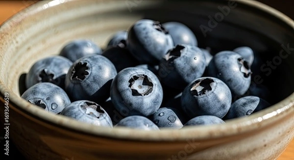 Fototapeta Macro shot of fresh, ripe blueberries covered in dew-like water droplets, nestled in a textured ceramic bowl, perfect for a healthy diet.