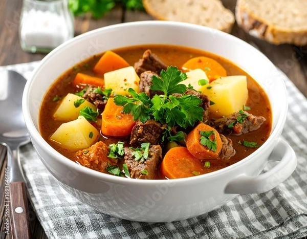 Fototapeta Hearty beef stew in a white bowl