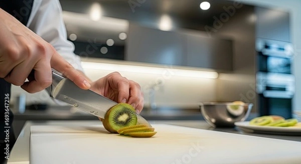 Fototapeta Person's hands carefully slicing a fresh green kiwi fruit into thin pieces with a knife on a white cutting board in a modern kitchen with bright studio lighting.