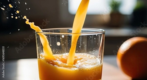 Fototapeta Dynamic splash of fresh orange juice pouring into a clear glass, creating an energetic and refreshing citrus drink in natural light indoors.