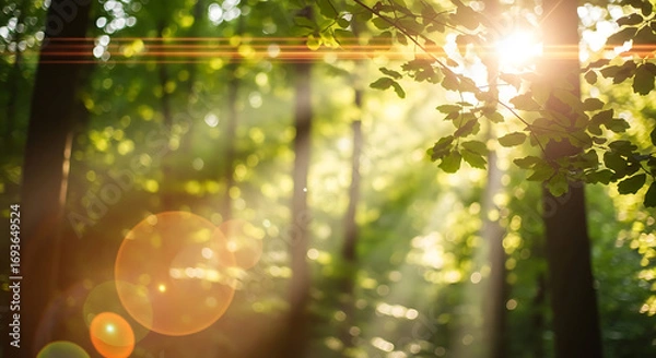 Fototapeta Sunlit Forest Canopy A Nature Scene with Sun Rays Filtering Through Leaves