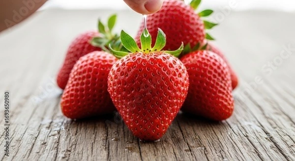Fototapeta Hand picking a fresh ripe strawberry from a pile on a rustic wooden table, emphasizing the healthy and tempting nature of the fruit.