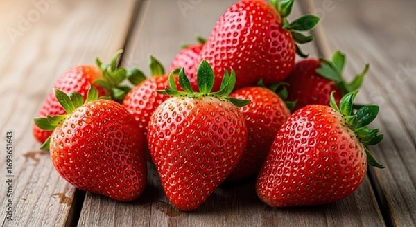 Fototapeta Pile of fresh ripe strawberries arranged on a rustic wooden table, showcasing healthy and delicious red fruit in natural light.