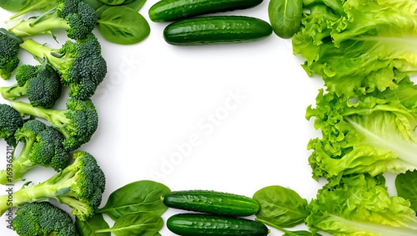 Fototapeta Fresh Green Vegetables Border: Broccoli, Spinach, Cucumbers, and Lettuce