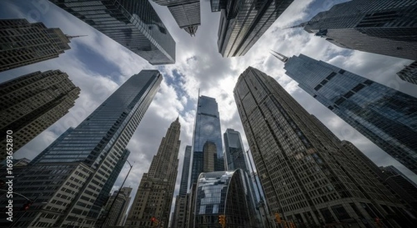 Fototapeta Low angle view of towering modern skyscrapers in an urban cityscape against a dramatic cloudy sky, reflecting business and contemporary architecture.