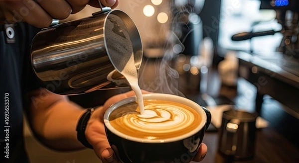 Fototapeta Barista's hand pouring steamed milk to create latte art in a coffee cup with a blurred coffee shop background, conveying a cozy atmosphere.
