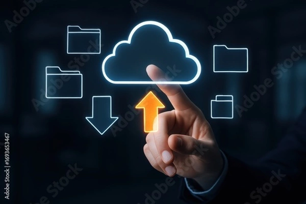 Fototapeta Cloud Technology Interaction: A hand interacts with an illuminated cloud graphic, symbolizing the essence of modern cloud technology, digital innovation, secure data, and networking.