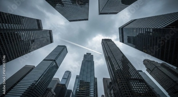 Fototapeta Low angle view of modern skyscrapers dominating an urban cityscape under a cloudy sky, showcasing impressive architecture and metropolitan life.