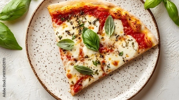 Fototapeta Slice of margherita pizza with basil leaves, tomato sauce on plate, overhead view