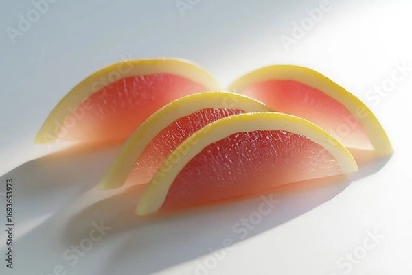 Fototapeta Sliced grapefruit wedges closeup in sunlight against a white background, food photography