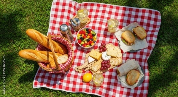 Fototapeta Overhead view of a delicious summer picnic set up on a red and white checkered blanket on green grass, inviting outdoor meal.