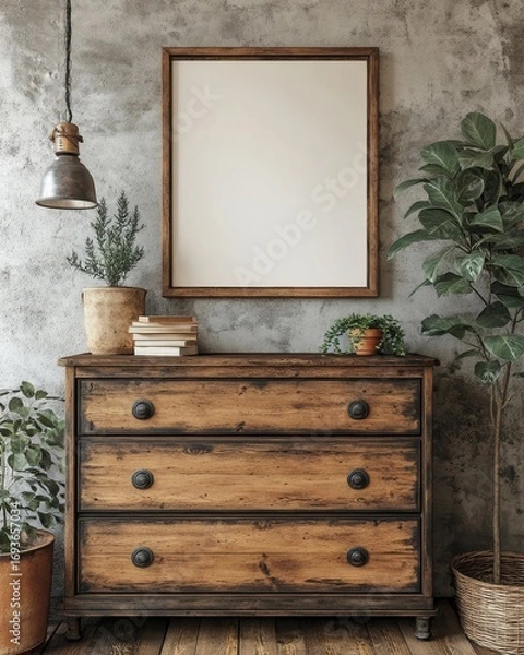 Fototapeta Wooden cabinet, dresser against concrete wall with empty blank mock up poster frame with copy space. Rustic home interior design of modern living room, Generative AI