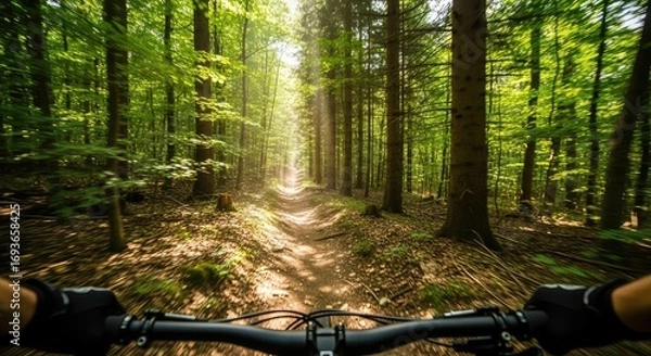 Fototapeta Majestic sunlight rays streaming through tall green trees onto a peaceful dirt path in a dense forest, serene natural landscape.
