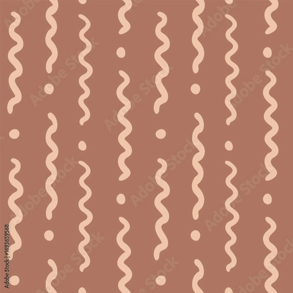 Fototapeta Hand drawn vertical worm lines and dots forming organic stripes pattern in colors of cream and brown. Abstract geometric seamless vector pattern. Great for home decor, fabric, wallpaper, gift wrap,etc