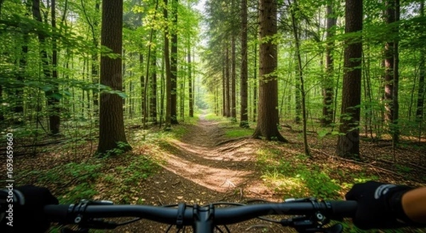 Fototapeta Point of view of a person riding a mountain bike on a dirt path through a dense green forest, active outdoor adventure.