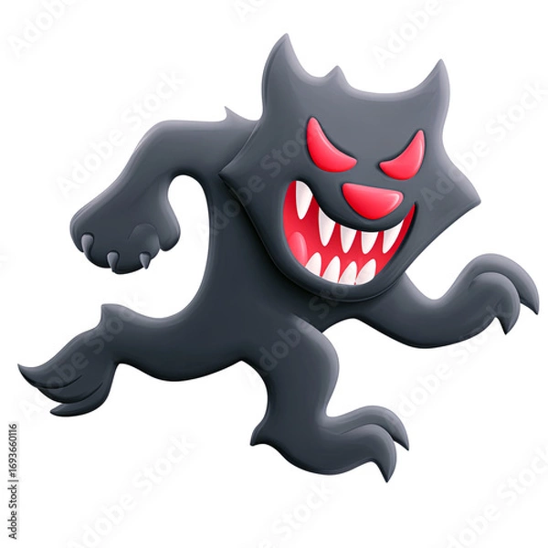 Fototapeta A fierce cartoon monster character with bright red eyes and sharp teeth.